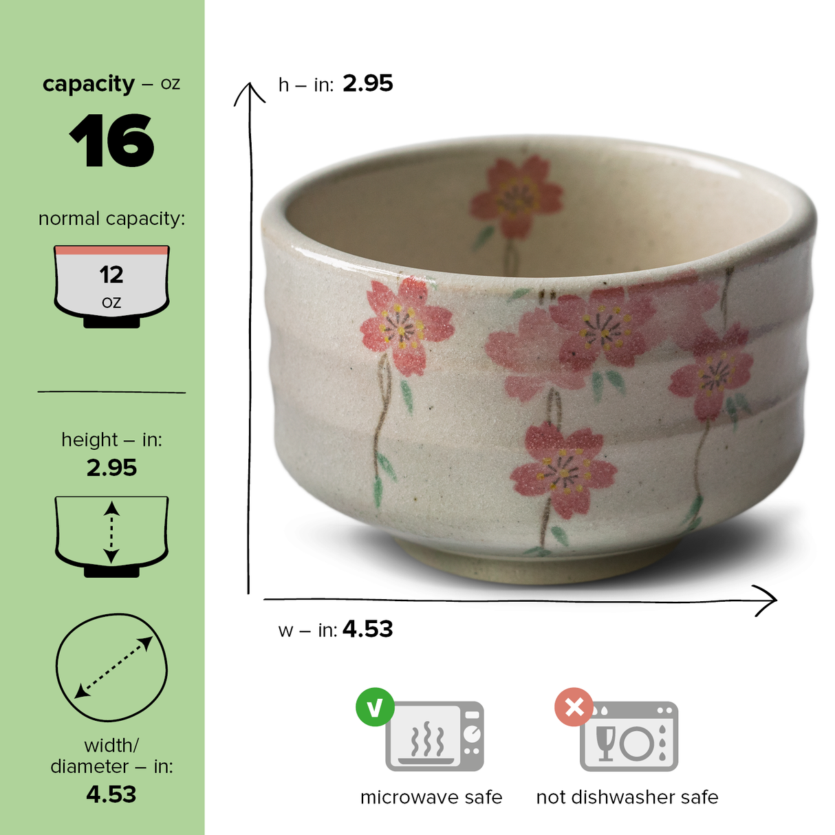 Enhance your kitchen's elegance with the Pink Sakura Flowers Ceramic Matcha Bowl from our Japanese pottery collection. It holds 16 oz, measures 2.95" in height by 4.53" in diameter, and is microwave safe for convenience.