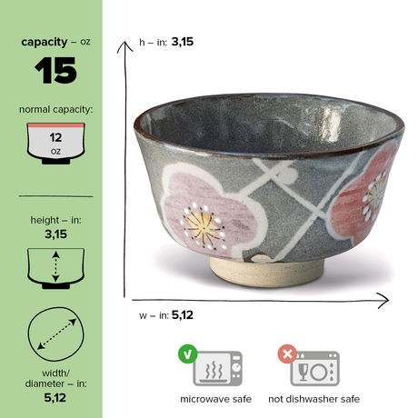 The Gray with Flowers Ceramic Matcha Bowl has a 15 oz capacity, stands 3.15" tall, and is 5.12" in diameter. It's microwave safe but not dishwasher friendly, adding elegance to your tea set as part of the Bamboo Matcha Whisk and Organic Japanese Matcha Set.
