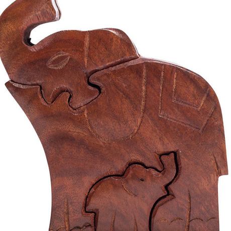 Mom and Baby Elephant Puzzle Box - Hand Carved Wood - Sumiye Co