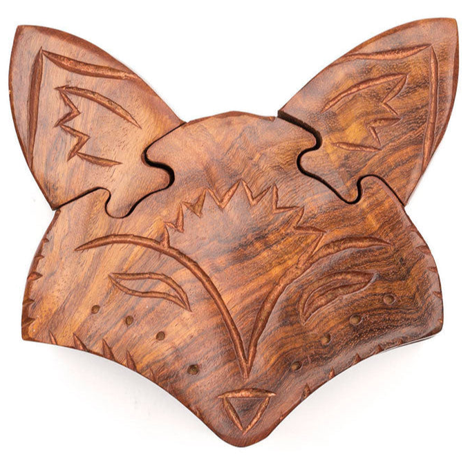 Fox Face Puzzle Box - Hand Carved Sustainable Wood - Sumiye Co