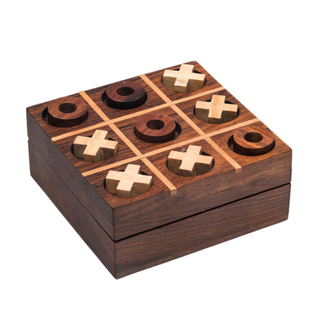 Wooden tic-tac-toe game set on a white background