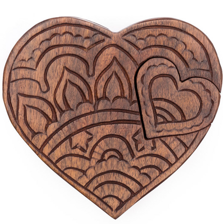 Heart Puzzle Box Jewelry Holder - Hand Carved Wood - Sumiye Co