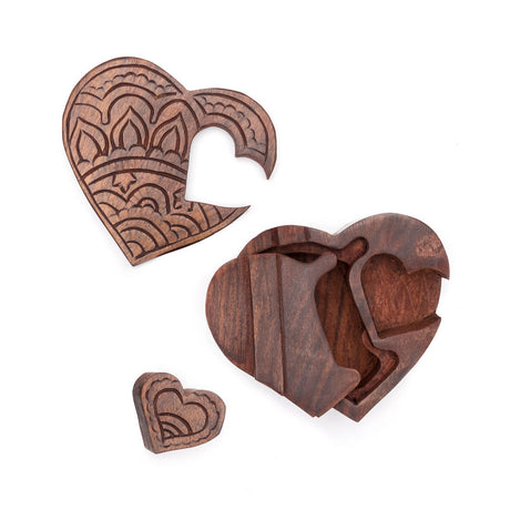 Heart Puzzle Box Jewelry Holder - Hand Carved Wood by Matr Boomie - Sumiye Co