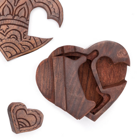 Heart Puzzle Box Jewelry Holder - Hand Carved Wood - Sumiye Co