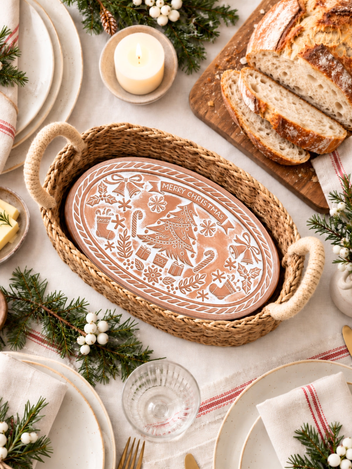 Bread Warmer & Basket Gift Set with Tea Towel - Christmas Oval-2