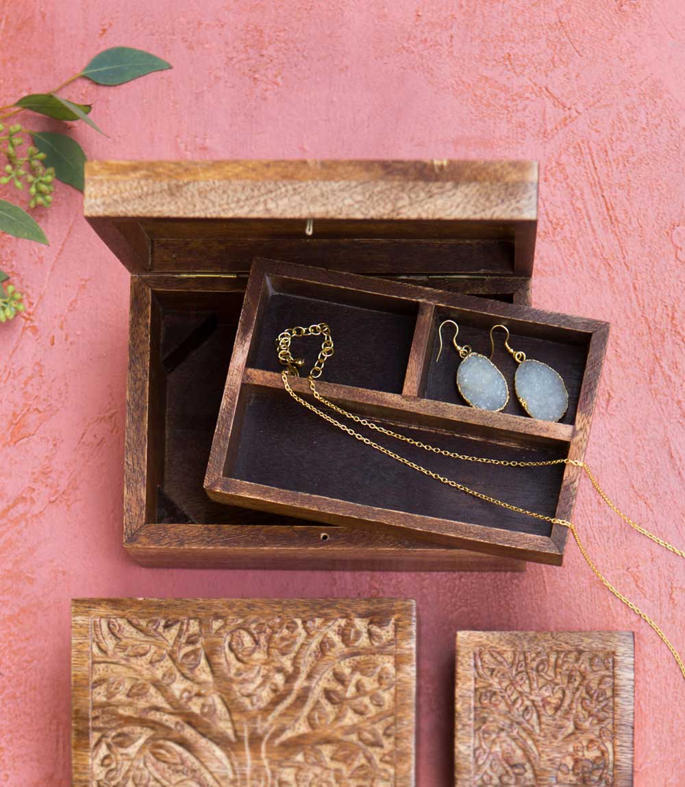 Aranyani Tree of Life Jewelry Box With Tray - Hand Carved Wood by Matr Boomie - Sumiye Co