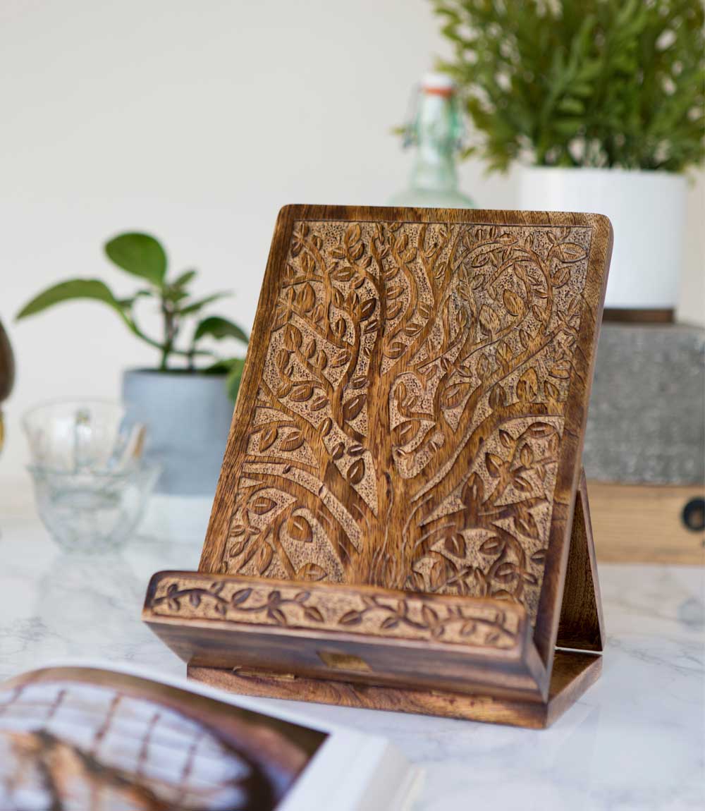 Aranyani Tree of Life Book Holder Tablet Stand - Hand Carved Wood by Matr Boomie - Sumiye Co