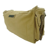 Khaki bag with a visible brand label on a white background