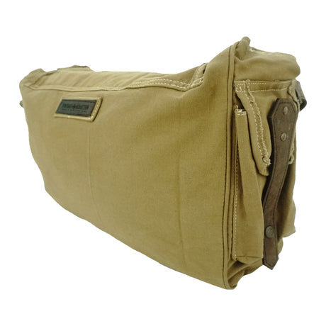Khaki bag with a visible brand label on a white background