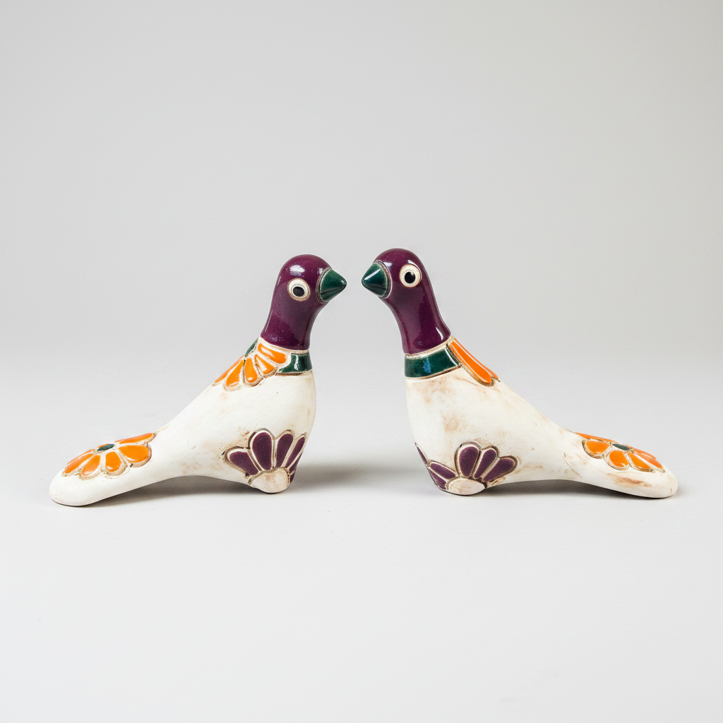 Two ceramic birds with floral designs on a white background