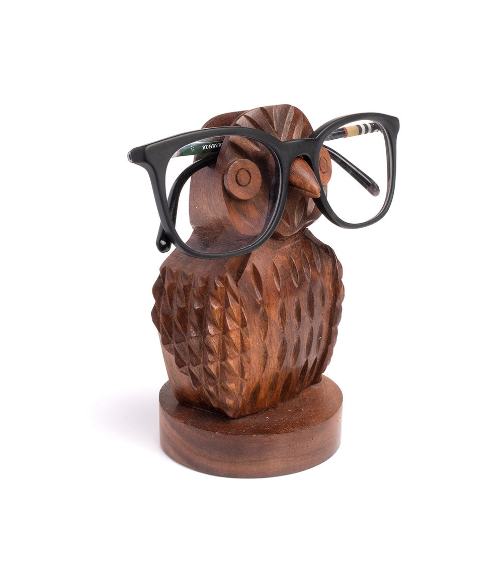 Owl Eyeglass Holder Stand - Hand Carved Wood by Matr Boomie - Sumiye Co