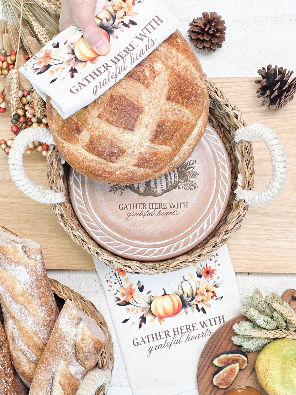 Bread Warmer & Basket Gift Set with Tea Towel - Pumpkin Round-2