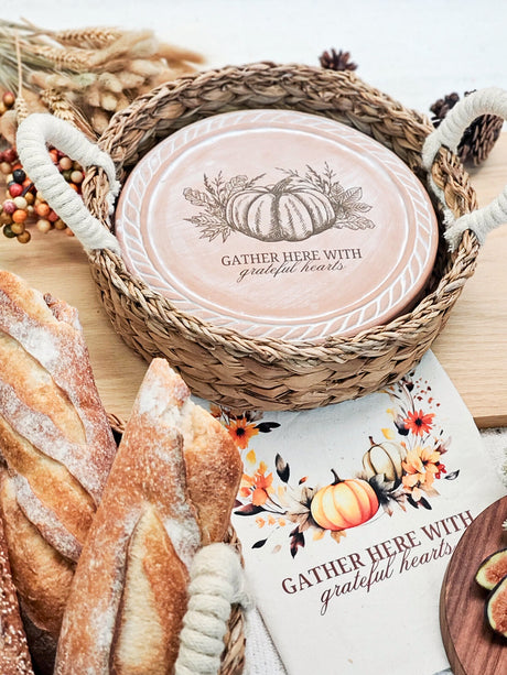 Bread Warmer & Basket Gift Set with Tea Towel - Pumpkin Round-4