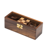 Wooden puzzle box with gold latch on a white background