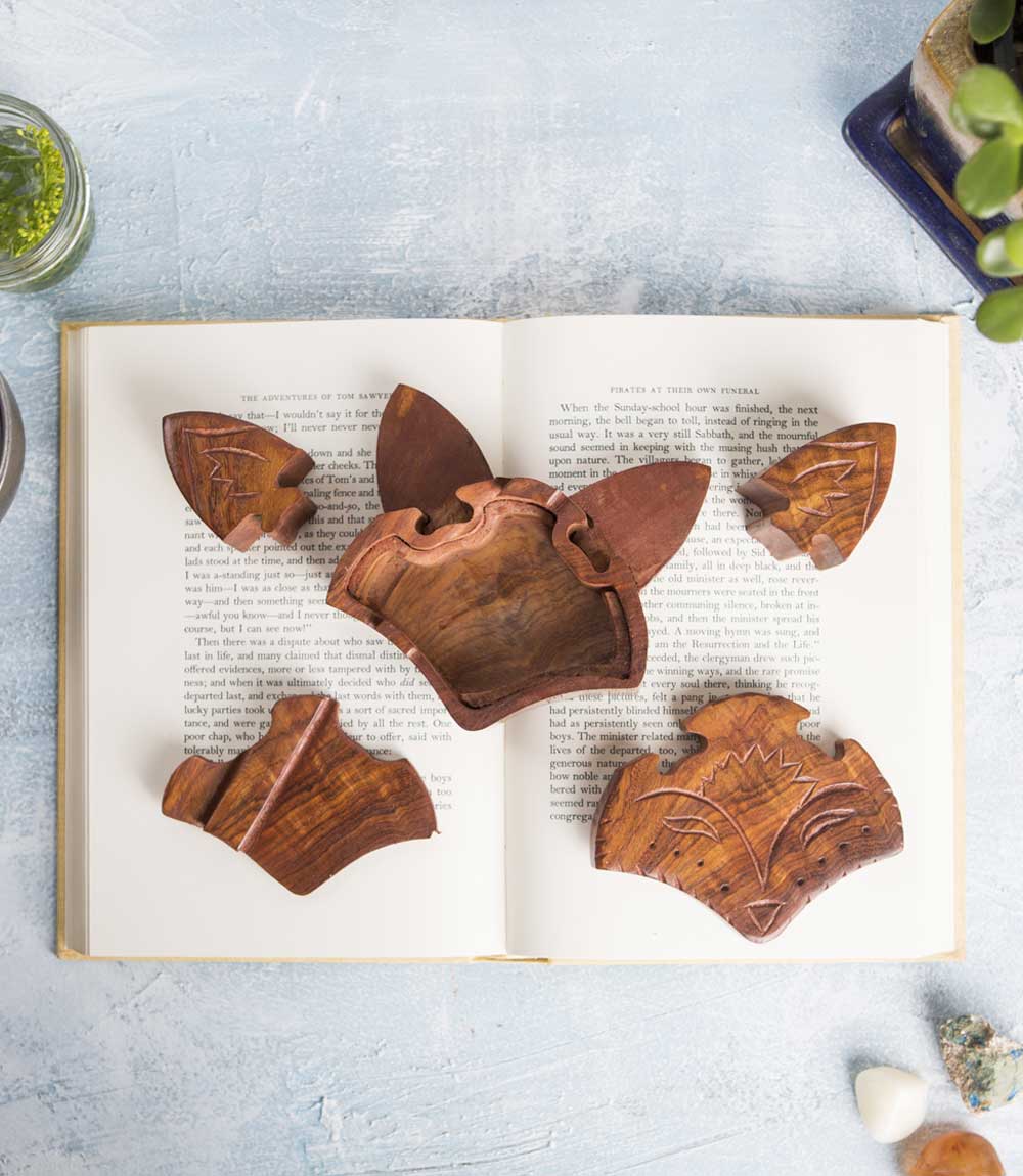 Fox Face Puzzle Box - Hand Carved Sustainable Wood by Matr Boomie - Sumiye Co
