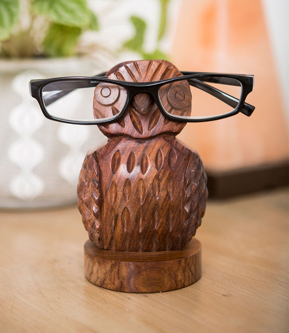 Owl Eyeglass Holder Stand - Hand Carved Wood by Matr Boomie - Sumiye Co