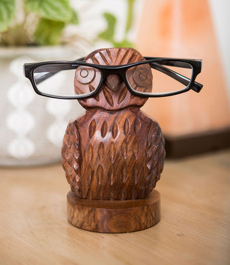 Owl Eyeglass Holder Stand - Hand Carved Wood by Matr Boomie - Sumiye Co