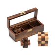 Wooden puzzle box with a wooden puzzle on a white background