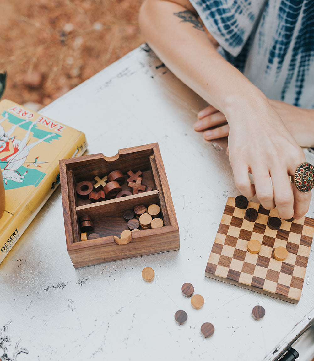 Checkers and Tic Tac Toe Game Set - Handcrafted Wood by Matr Boomie - Sumiye Co