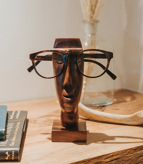 Face Glasses Holder Stand - Hand Carved Indian Rosewood by Matr Boomie - Sumiye Co