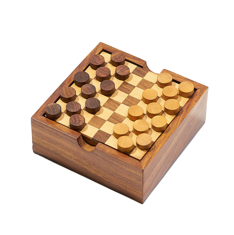 Wooden checkers game set on a white background
