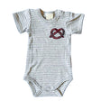 Striped baby onesie with a pretzel design on a white background