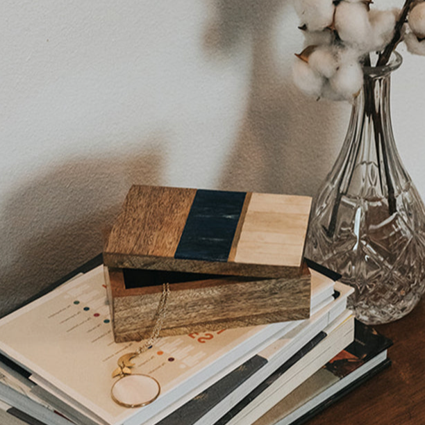 Kaveri Treasure Box - Carved Bone, Wood, Brass Inlay - Sumiye Co