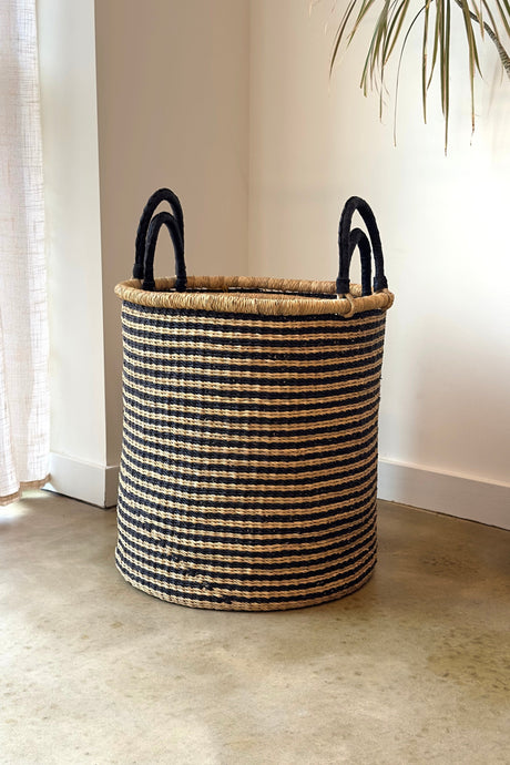 S/2 Handwoven Hamper - Natural with Black Stripes - Sumiye Co