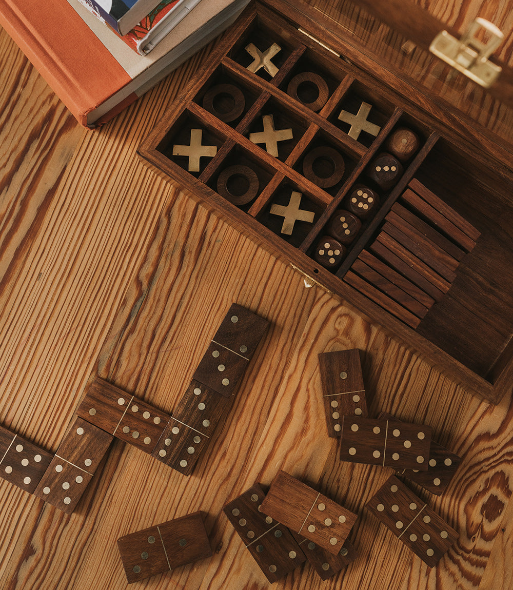 3-in-1 Game Set Dice, Dominoes, Tic Tac Toe - Handcrafted Wood by Matr Boomie - Sumiye Co