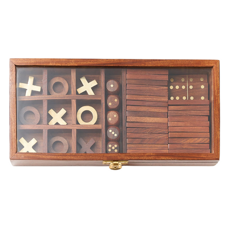 Wooden game set with various pieces and a clear lid on a white background