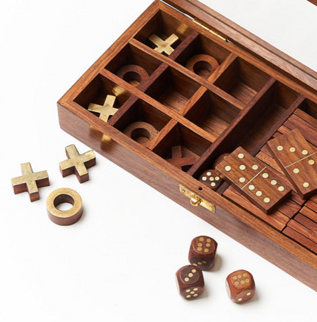 3-in-1 Game Set Dice, Dominoes, Tic Tac Toe - Handcrafted Wood - Sumiye Co