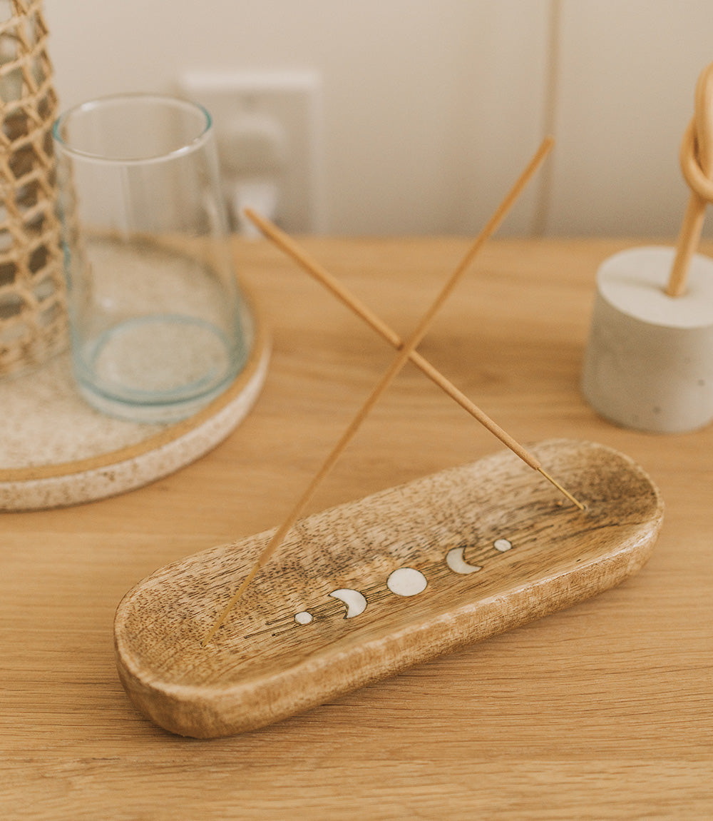 Indukala Moon Phase Double Incense Holder - Wood, Mother of Pearl by Matr Boomie - Sumiye Co