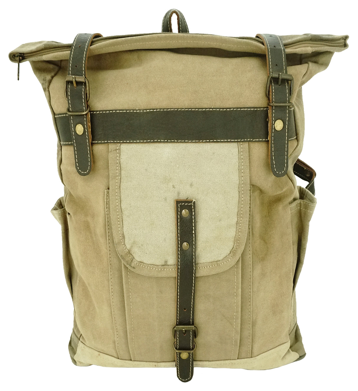 Beige backpack with leather straps on a white background