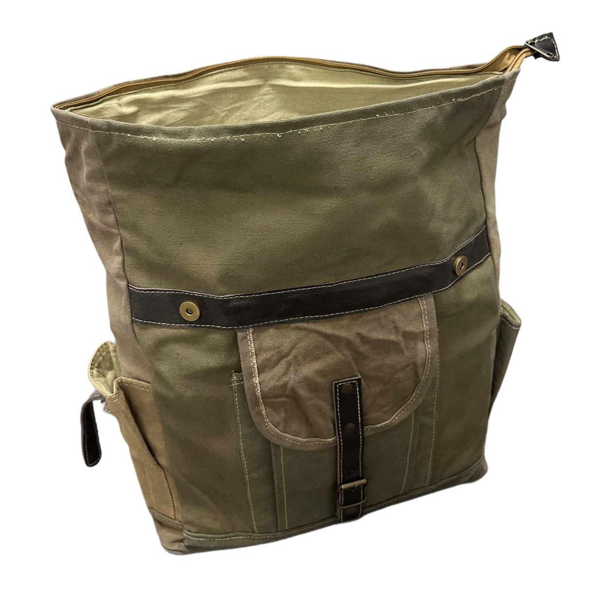 Brown canvas bag with black straps on a white background