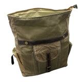 Brown canvas bag with black straps on a white background