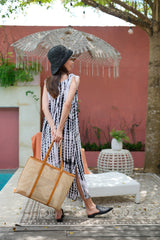Brianna Large Woven Rattan and Leather Tote Large size in Tan