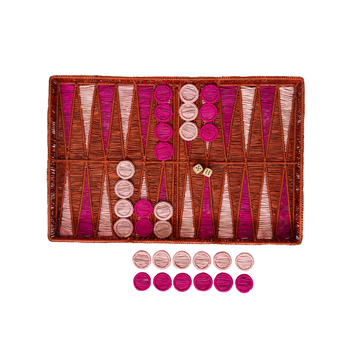 Backgammon set with geometric pattern on a white background