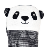 Panda-shaped knitted item with a checkered pattern on a white background