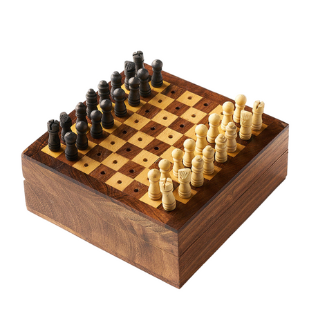 Wooden chess set with pieces on a white background