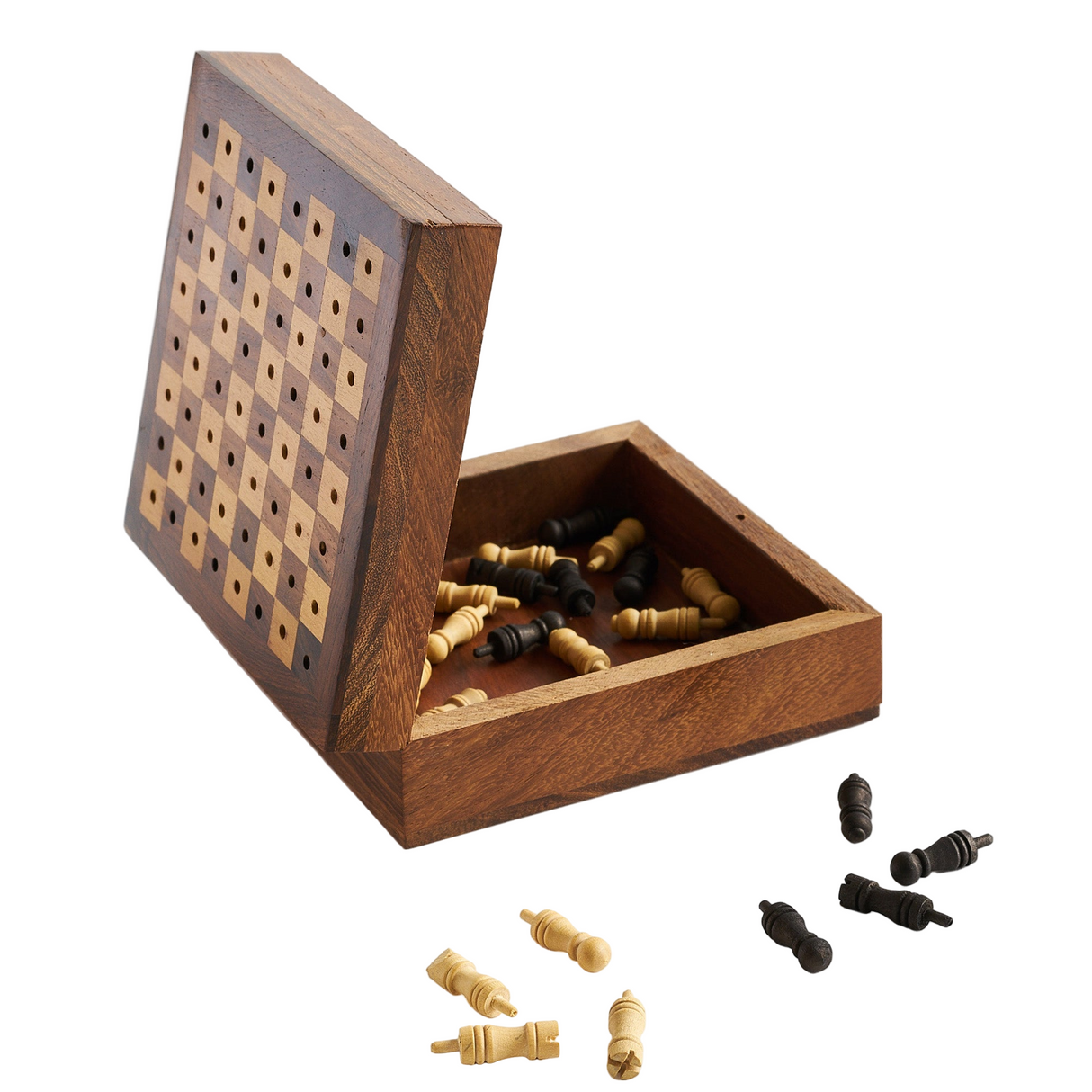 Wooden game set with checkers and pieces on a white background