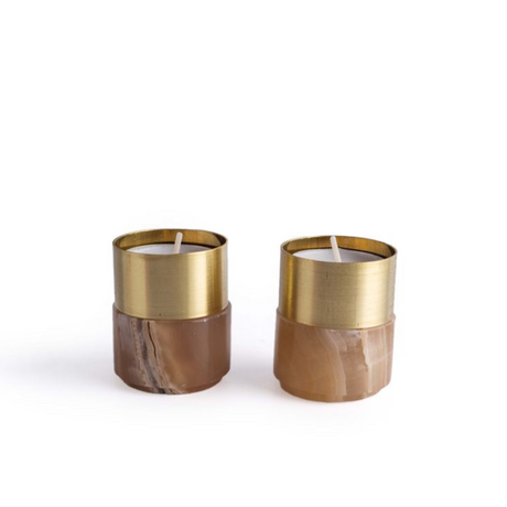 Brass Candle Holder Set - Amber Alabaster - Sumiye Co