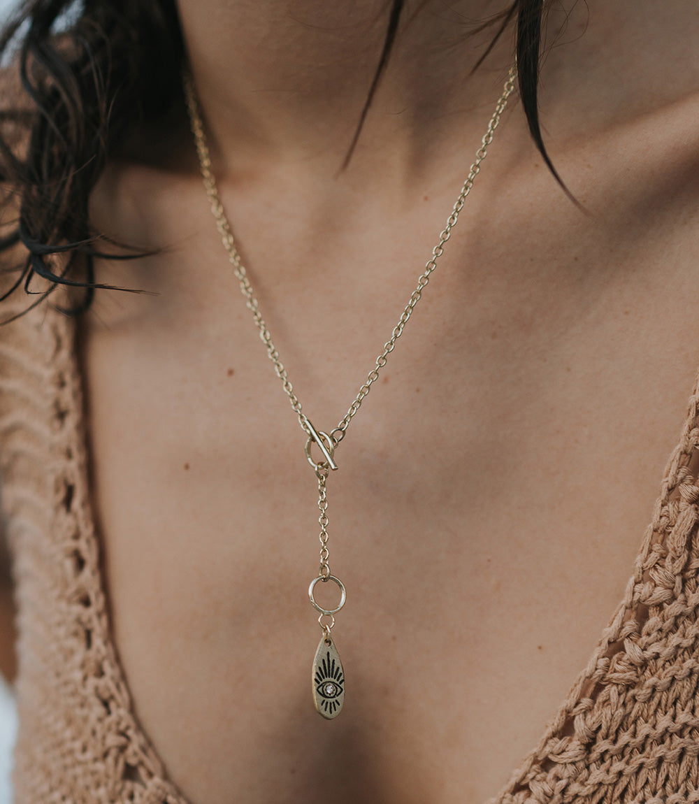 Ruchi Evil Eye Charm Gold Dainty Drop Lariat Necklace - Sumiye Co