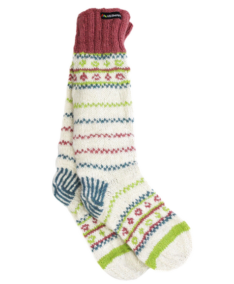 Colorful knitted sock with pattern on a white background