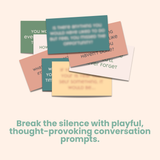 Colorful cards with text prompts on a white background, accompanied by promotional text.