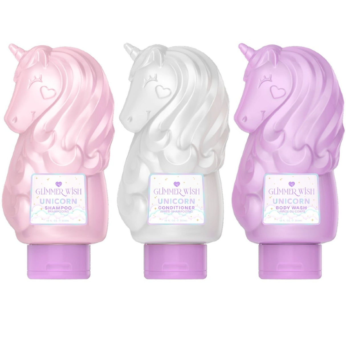 Set of three unicorn-themed bottles including shampoo, conditioner, and body wash with 'Glimmerish' branding.