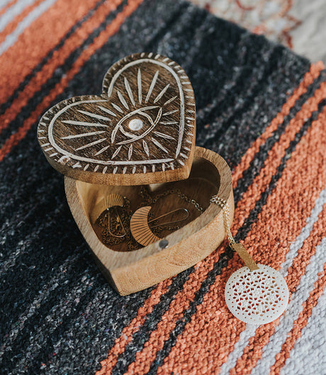 Drishti Evil Eye Heart Box with Swivel Lid - Hand Carved Wood by Matr Boomie - Sumiye Co
