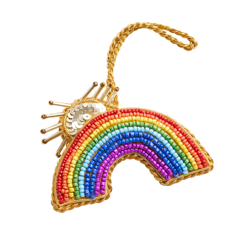 Rainbow-shaped beaded ornament with gold accents on a white background