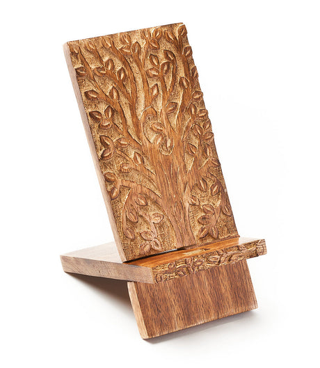 Aranyani Tree of Life Phone Stand for Desk - Hand Carved Wood by Matr Boomie - Sumiye Co