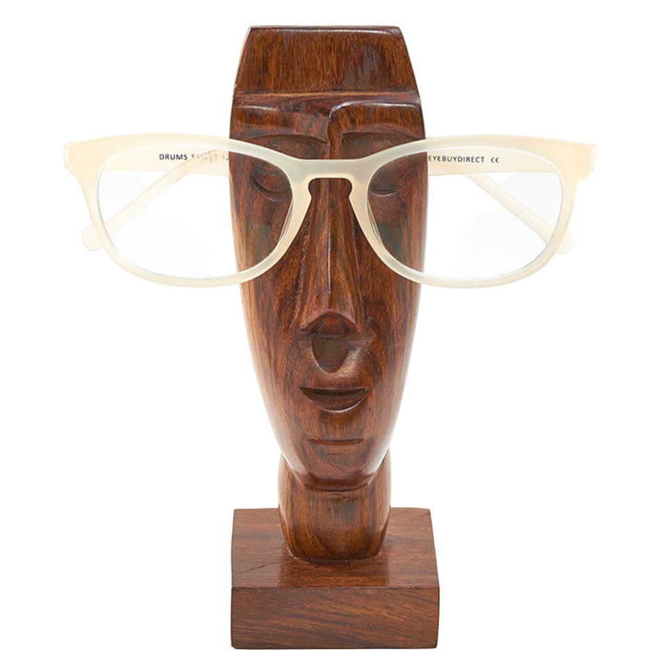 Wooden mask with glasses on a white background