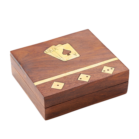 Wooden box with gold accents and a card design on a white background